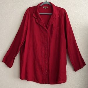 Flax 100% Linen Button-down Oversize Shirt Top Blouse Dark Red Size L (XL)